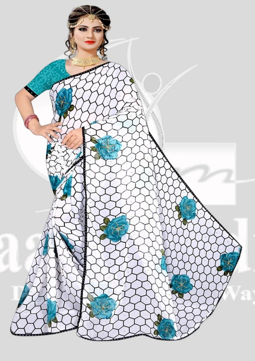 Wetless Printed Saree with Diamond - Simor - Blue Mix